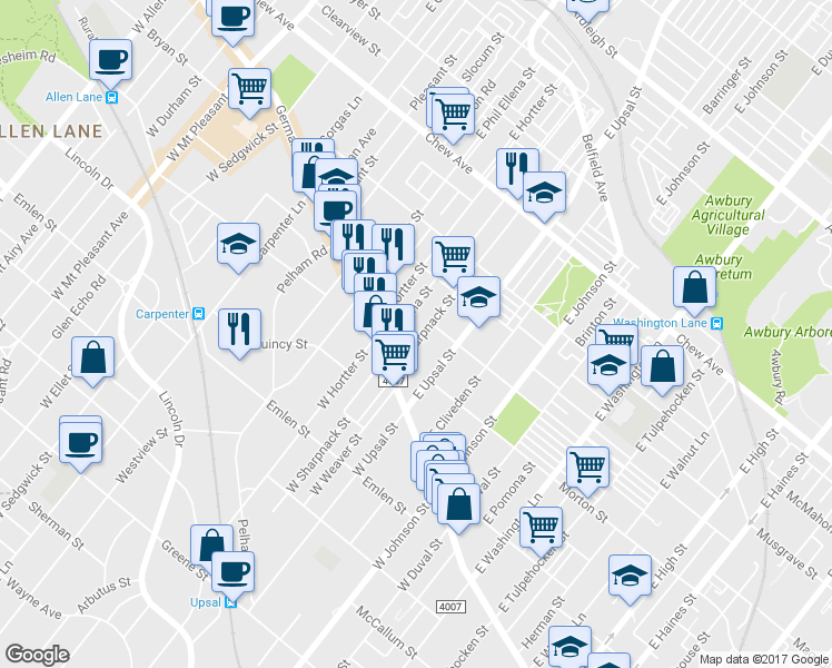 map of restaurants, bars, coffee shops, grocery stores, and more near 51 East Sharpnack Street in Philadelphia