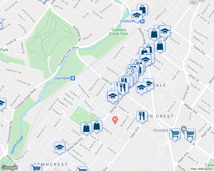 map of restaurants, bars, coffee shops, grocery stores, and more near 6331 Shelbourne Street in Philadelphia
