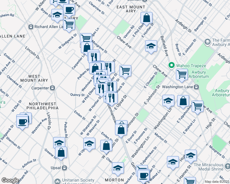 map of restaurants, bars, coffee shops, grocery stores, and more near 51 East Sharpnack Street in Philadelphia