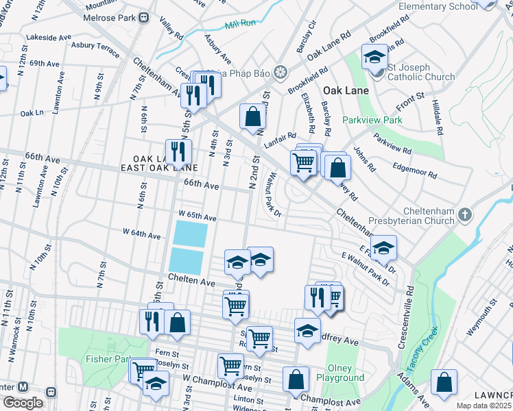 map of restaurants, bars, coffee shops, grocery stores, and more near 6521 North 2nd Street in Philadelphia