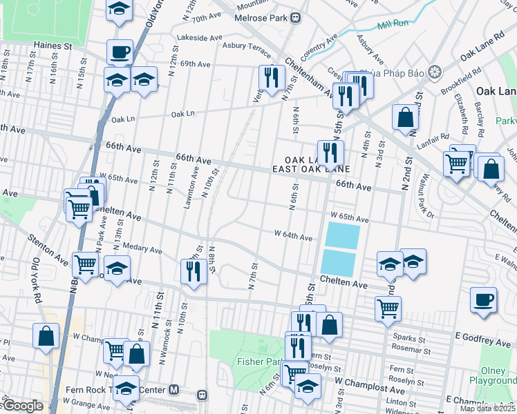 map of restaurants, bars, coffee shops, grocery stores, and more near 707 West 64th Avenue in Philadelphia
