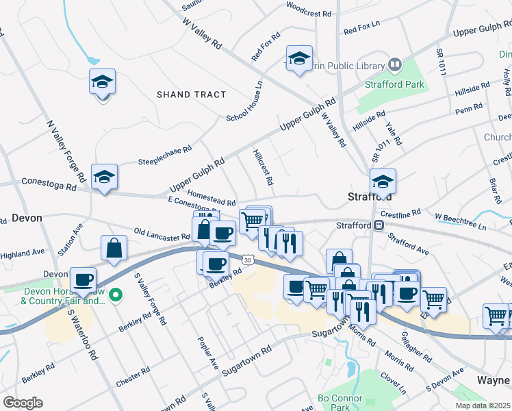 map of restaurants, bars, coffee shops, grocery stores, and more near 218 East Conestoga Road in Devon