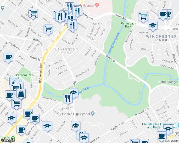 map of restaurants, bars, coffee shops, grocery stores, and more near 7829 Brocklehurst Street in Philadelphia