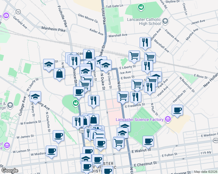 map of restaurants, bars, coffee shops, grocery stores, and more near 126 East Clay Street in Lancaster