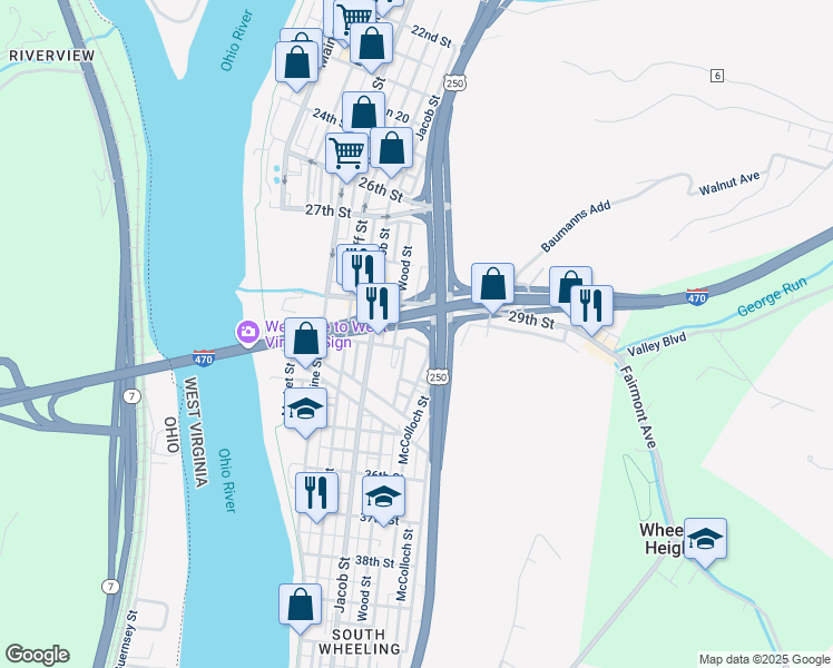 map of restaurants, bars, coffee shops, grocery stores, and more near 180 Labelle Place in Wheeling