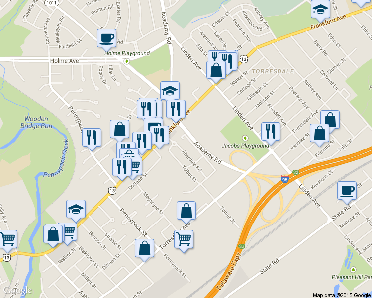 map of restaurants, bars, coffee shops, grocery stores, and more near 4427 Aberdale Road in Philadelphia