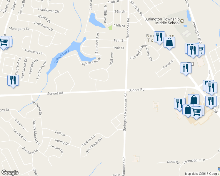 map of restaurants, bars, coffee shops, grocery stores, and more near 308 Sunset Road in Burlington
