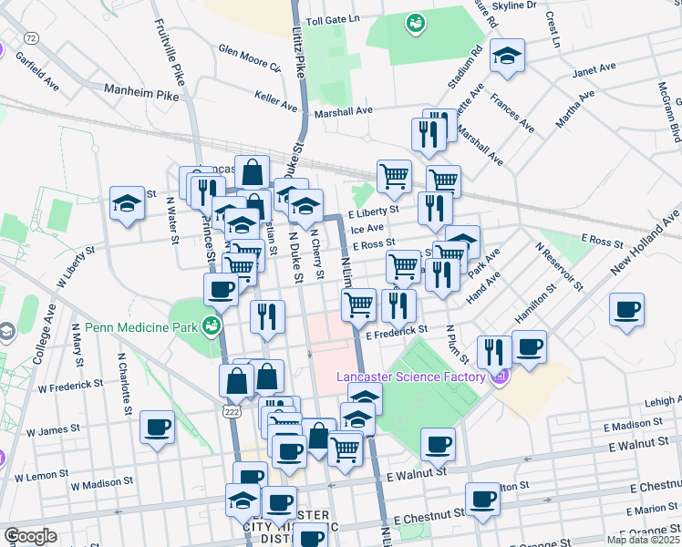 map of restaurants, bars, coffee shops, grocery stores, and more near 145 East Clay Street in Lancaster
