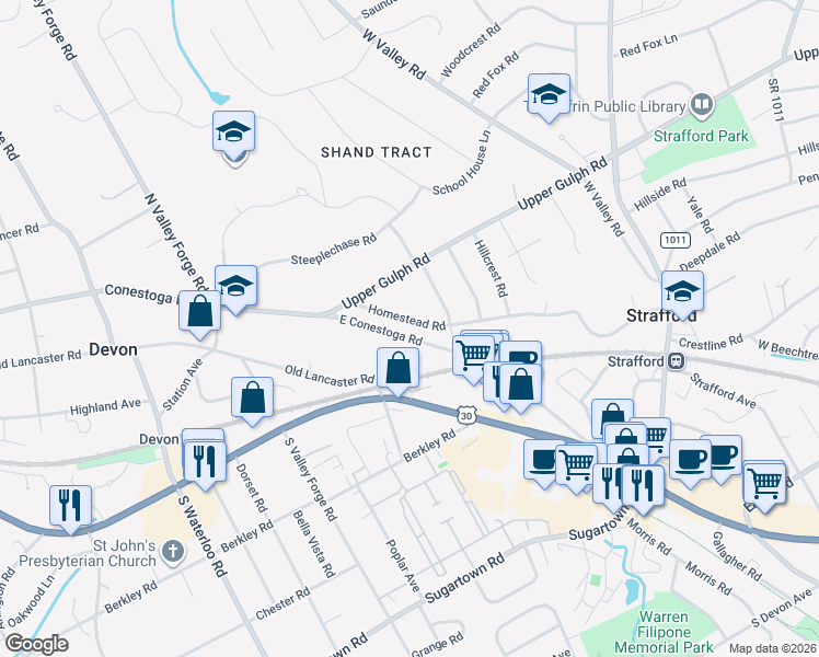 map of restaurants, bars, coffee shops, grocery stores, and more near 122 East Conestoga Road in Devon