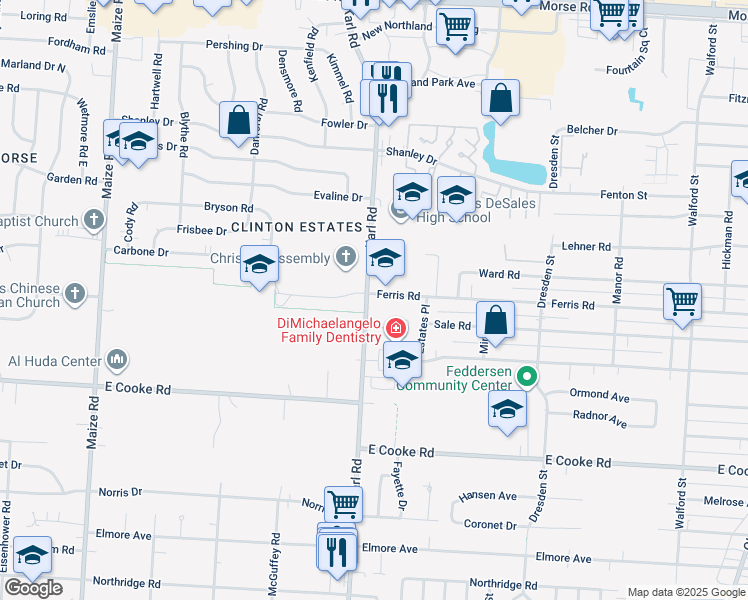 map of restaurants, bars, coffee shops, grocery stores, and more near 1523 Ferris Road in Columbus