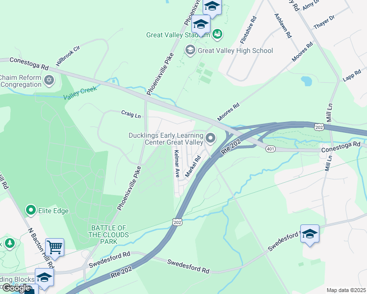 map of restaurants, bars, coffee shops, grocery stores, and more near 30 Rickmar Lane in Malvern