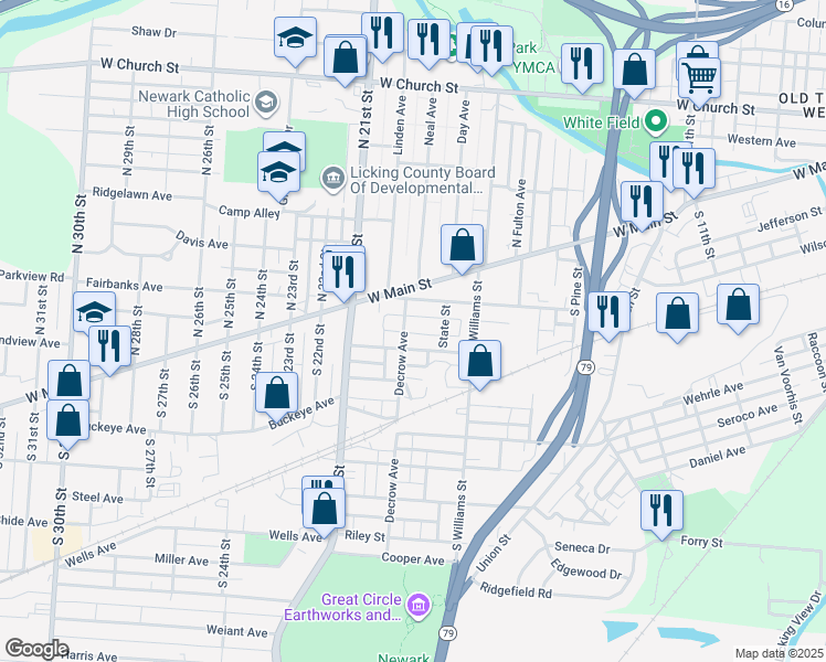 map of restaurants, bars, coffee shops, grocery stores, and more near 116 Cambria Street in Newark