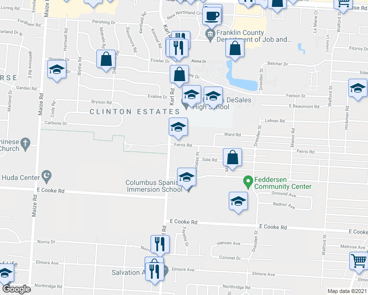 map of restaurants, bars, coffee shops, grocery stores, and more near 1543 Ferris Road in Columbus