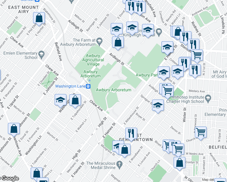 map of restaurants, bars, coffee shops, grocery stores, and more near 1 Awbury Road in Philadelphia