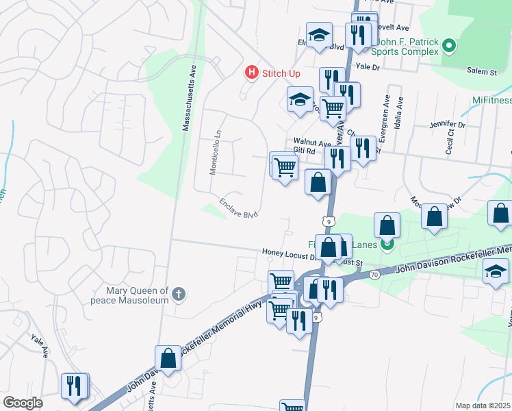 map of restaurants, bars, coffee shops, grocery stores, and more near 175 Enclave Boulevard in Lakewood Township