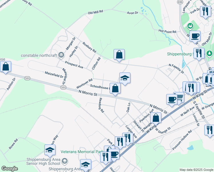 map of restaurants, bars, coffee shops, grocery stores, and more near 414 Schoolhouse Lane in Shippensburg