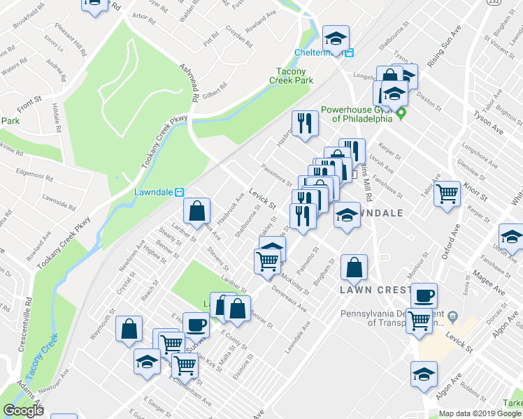 map of restaurants, bars, coffee shops, grocery stores, and more near 6331 Shelbourne Street in Philadelphia