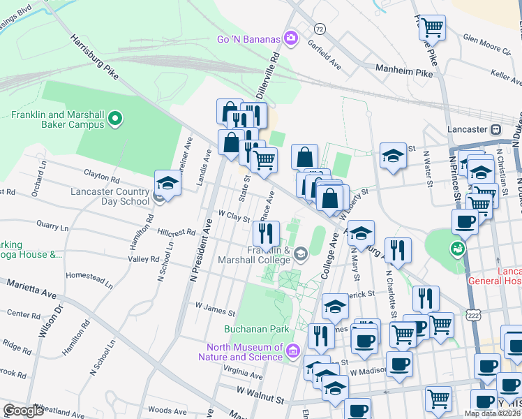 map of restaurants, bars, coffee shops, grocery stores, and more near 600 Race Avenue in Lancaster