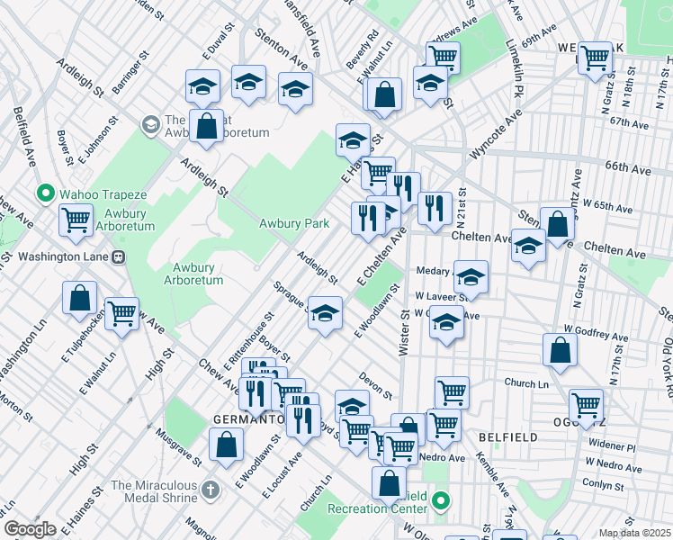 map of restaurants, bars, coffee shops, grocery stores, and more near 1110 East Price Street in Philadelphia