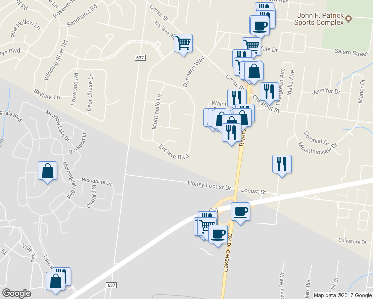 map of restaurants, bars, coffee shops, grocery stores, and more near 175 Enclave Boulevard in Lakewood Township