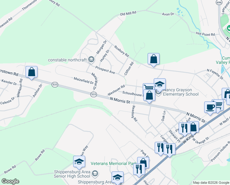 map of restaurants, bars, coffee shops, grocery stores, and more near 517 North Morris Street in Shippensburg