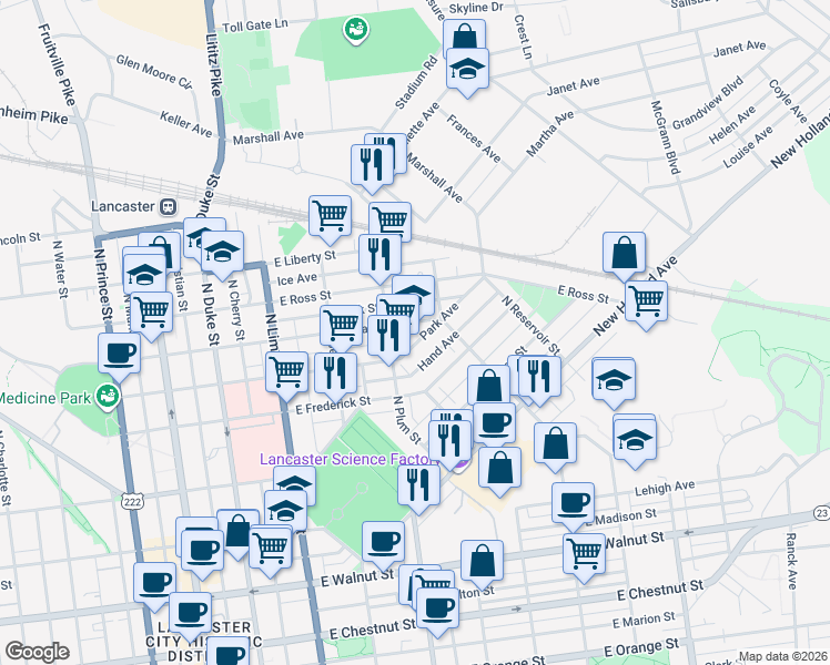 map of restaurants, bars, coffee shops, grocery stores, and more near 426 East Clay Street in Lancaster