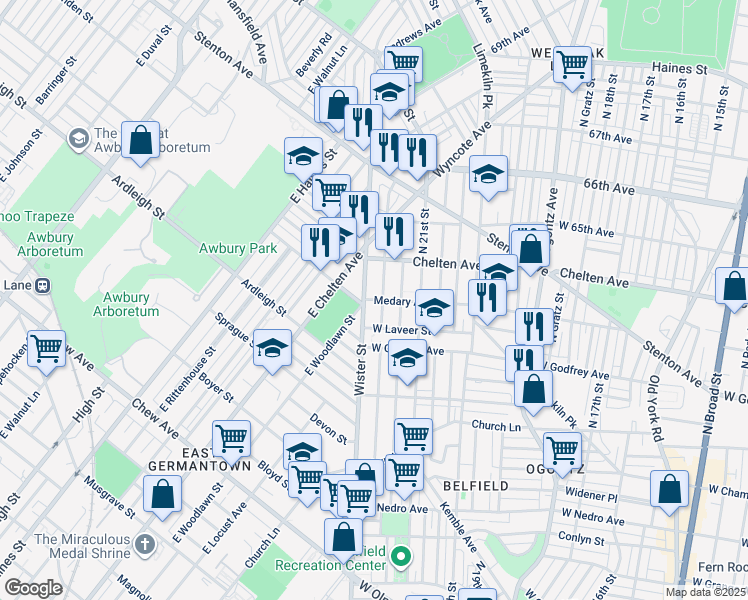 map of restaurants, bars, coffee shops, grocery stores, and more near 2151 Medary Avenue in Philadelphia
