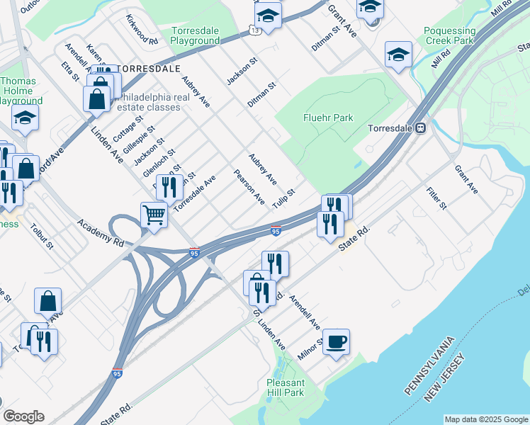 map of restaurants, bars, coffee shops, grocery stores, and more near 9347 Tulip Street in Philadelphia