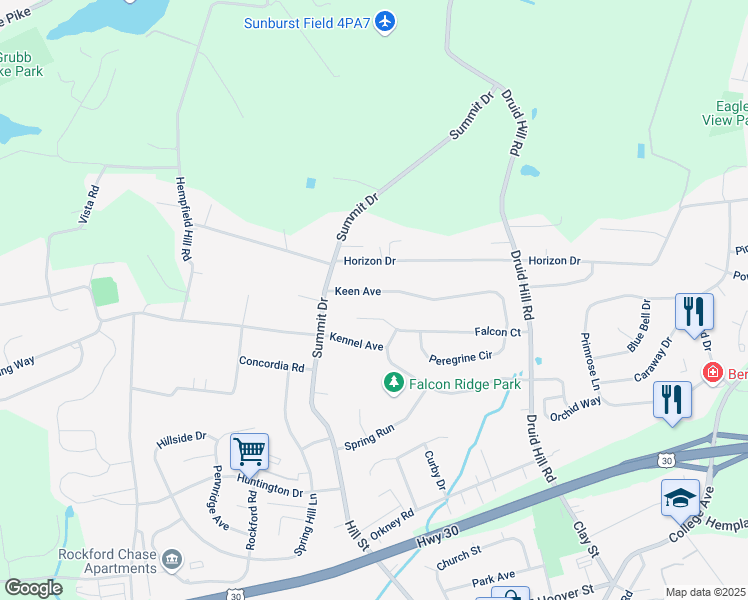 map of restaurants, bars, coffee shops, grocery stores, and more near 3643 Falcon Court in Mountville
