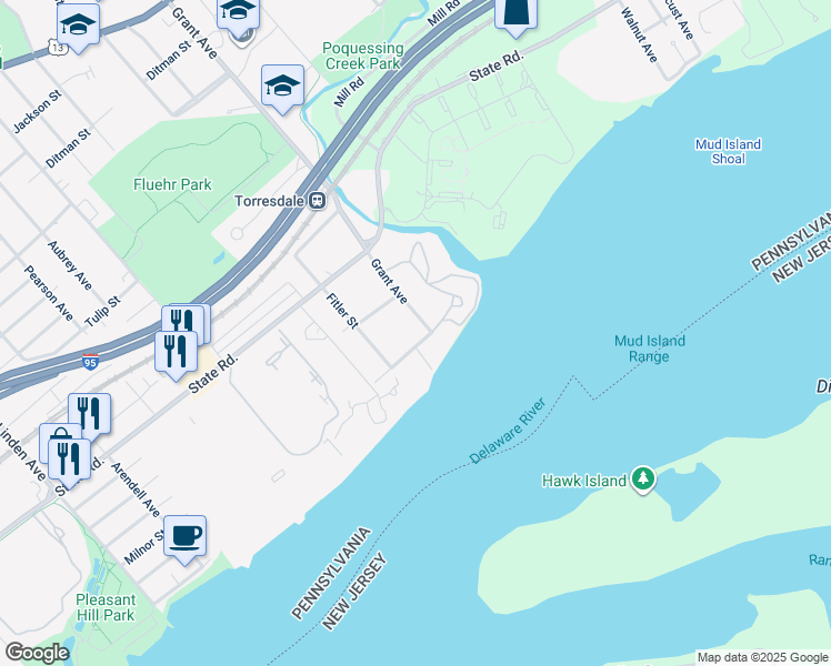 map of restaurants, bars, coffee shops, grocery stores, and more near 9640 Milnor Street in Philadelphia