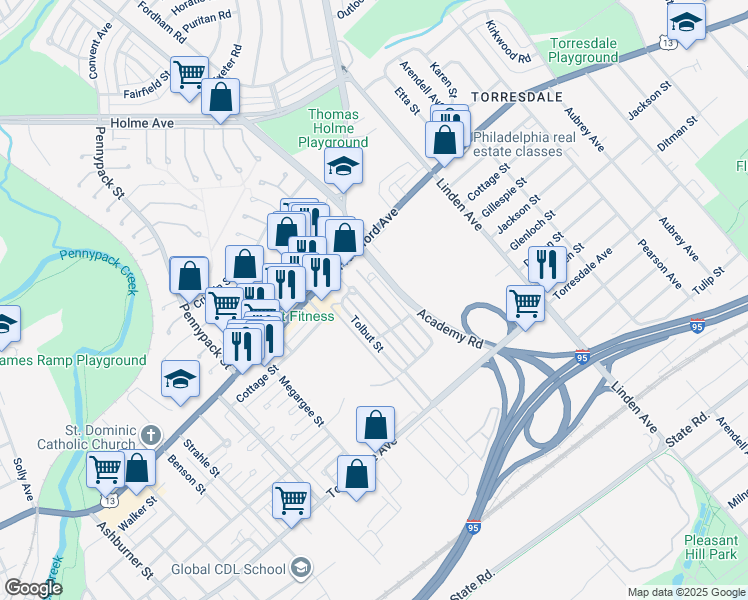 map of restaurants, bars, coffee shops, grocery stores, and more near 4427 Aberdale Road in Philadelphia