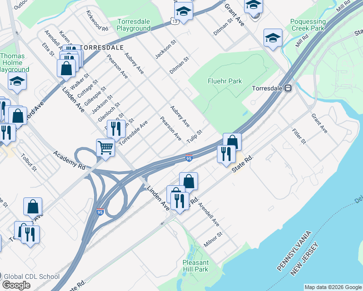 map of restaurants, bars, coffee shops, grocery stores, and more near 9347 Tulip Street in Philadelphia