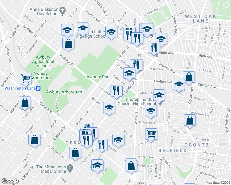 map of restaurants, bars, coffee shops, grocery stores, and more near 1119 East Stafford Street in Philadelphia