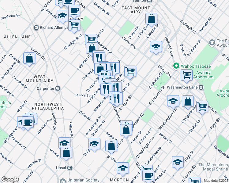 map of restaurants, bars, coffee shops, grocery stores, and more near 60 Montana Street in Philadelphia