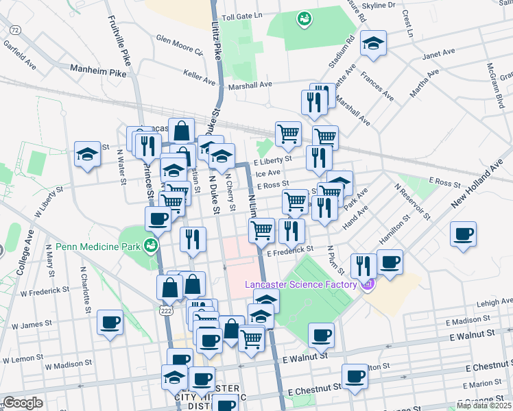 map of restaurants, bars, coffee shops, grocery stores, and more near 721 Pennsylvania 272 in Lancaster