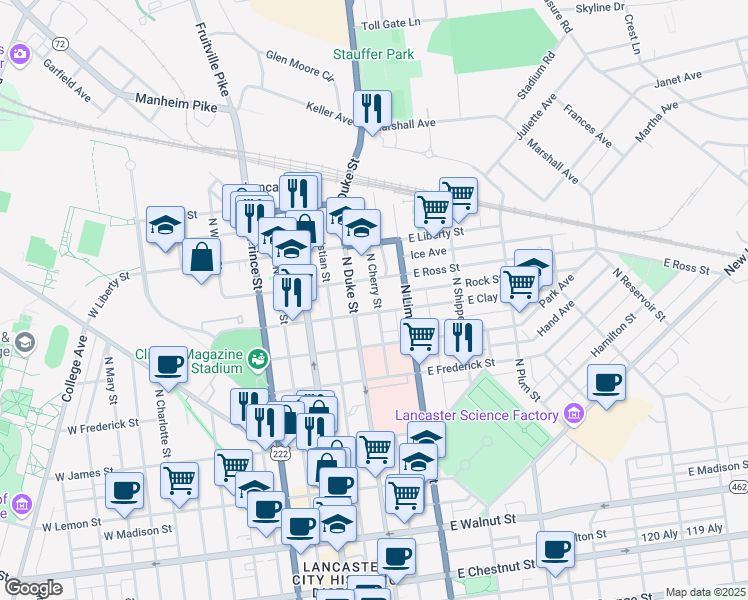 map of restaurants, bars, coffee shops, grocery stores, and more near 126 East Clay Street in Lancaster