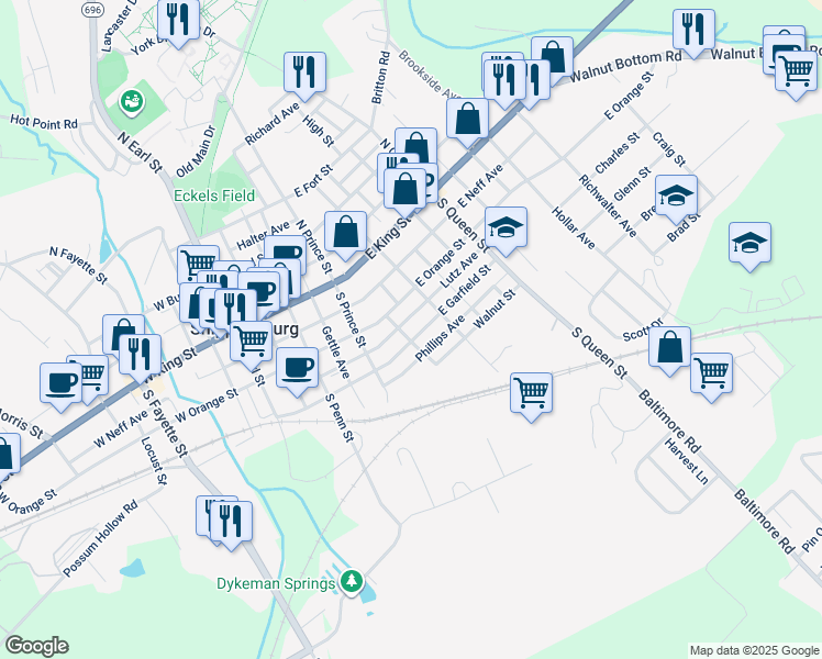 map of restaurants, bars, coffee shops, grocery stores, and more near 226 East Garfield Street in Shippensburg