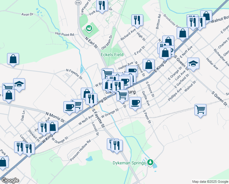 map of restaurants, bars, coffee shops, grocery stores, and more near 34 West King Street in Shippensburg