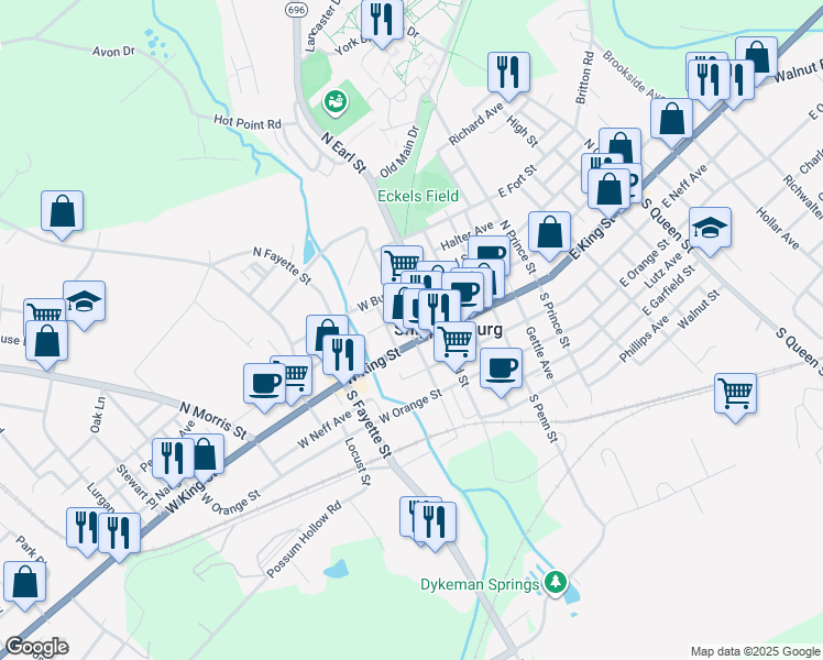 map of restaurants, bars, coffee shops, grocery stores, and more near 34 West King Street in Shippensburg