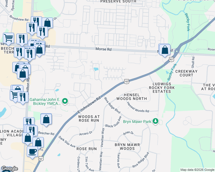 map of restaurants, bars, coffee shops, grocery stores, and more near 4545 East Johnstown Road in Columbus