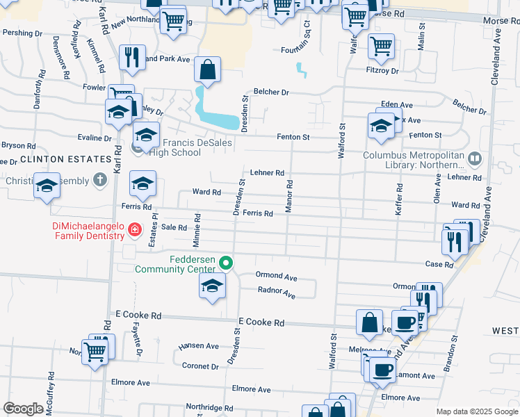 map of restaurants, bars, coffee shops, grocery stores, and more near 1802 Case Road in Columbus