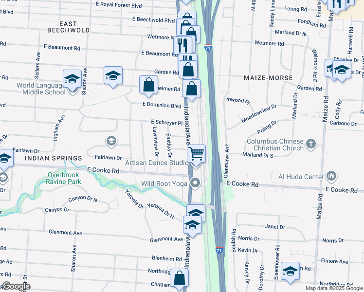 map of restaurants, bars, coffee shops, grocery stores, and more near 712 Fairlawn Drive in Columbus