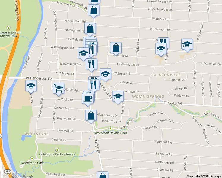 map of restaurants, bars, coffee shops, grocery stores, and more near 86 East Henderson Road in Columbus
