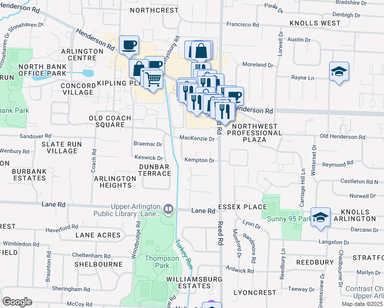 map of restaurants, bars, coffee shops, grocery stores, and more near in Columbus