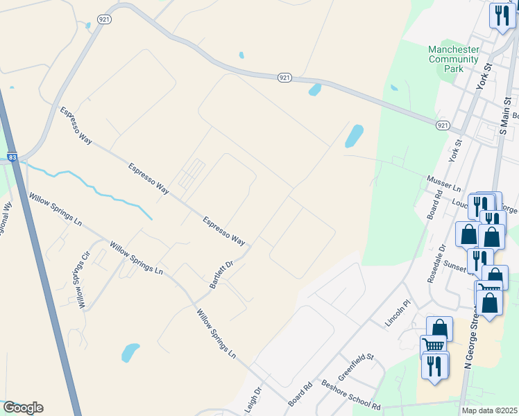 map of restaurants, bars, coffee shops, grocery stores, and more near 1605 Bartlett Drive in York