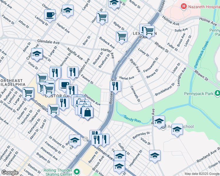 map of restaurants, bars, coffee shops, grocery stores, and more near 7600 Roosevelt Boulevard in Philadelphia