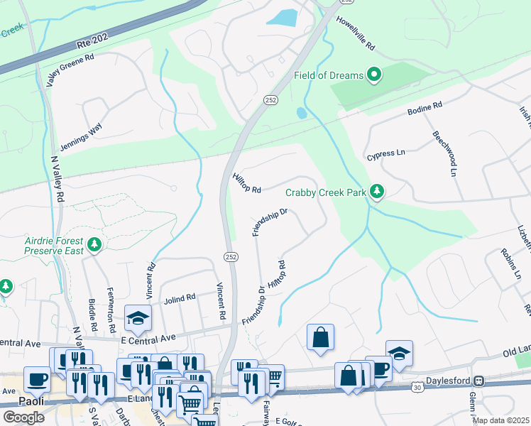 map of restaurants, bars, coffee shops, grocery stores, and more near 356 Friendship Drive in Paoli