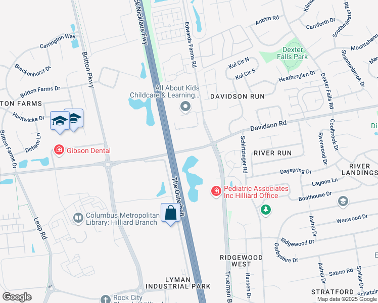 map of restaurants, bars, coffee shops, grocery stores, and more near 4381 Davidson Road in Hilliard