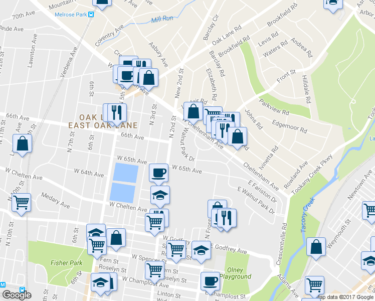 map of restaurants, bars, coffee shops, grocery stores, and more near 6527 Walnut Park Drive in Philadelphia