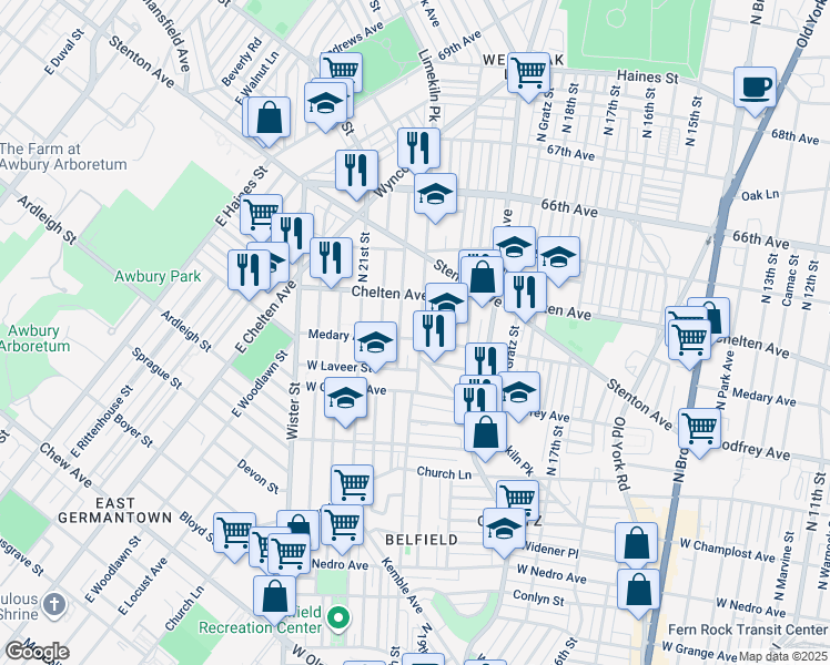 map of restaurants, bars, coffee shops, grocery stores, and more near 2005 Medary Avenue in Philadelphia